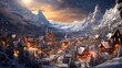 Painting Representing a Charming Christmas Village in the Alps Heavy Snow is Falling Wallpaper