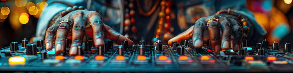 Wall Mural - male hands of black DJ mixes music on a DJ console mixer at a night club in party