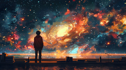 Canvas Print - A lone figure gazing at a vibrant, colorful galaxy.