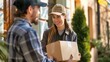 © kamonrat - A friendly delivery driver handing a package to a happy customer at their doorstep