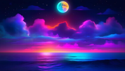 Wall Mural - a neon light art piece depicting a moonlit seascape with clouds, stars, and a colorful moon.