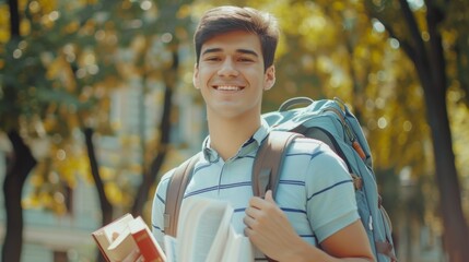 Wall Mural - Handsome student man with backpack and books outdoor. Smile boy happy carrying a lot of book in college campus. Portrait male on international University. Education, study, school