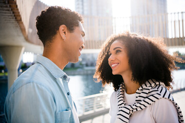 Poster - Close up photo of young beautiful girlfriend and boyfriend romance looking each other in nature outdoors spending vacation together