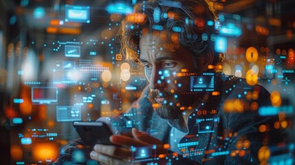 Poster - Businessman using smartphone in blurry office with double exposure of futuristic infographics. Toned image with high tech concept.