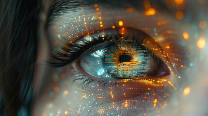 Poster - Monitor on face with code and information hologram. Eye hud animation. Future concept.
