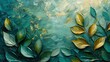 Painting on canvas. Golden brushstrokes. Textured background. Modern art. Floral, green, gray, wallpapers, posters, cards, murals, rugs, hangings, prints.