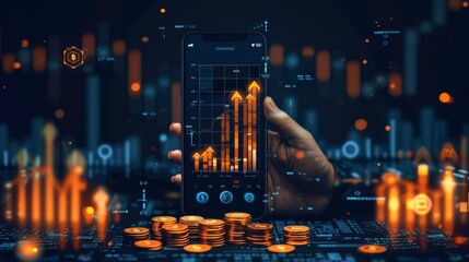 Poster - Stock market and finance background with an abstract hand-holding phone, a golden dollar coin, and arrows up. Increase revenue concept. Business technology modern illustration.