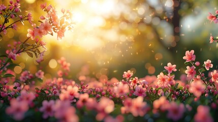 Canvas Print - A defocused bokeh background of a garden with blossoming trees on a sunny day, summer backdrop