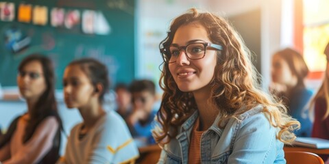 Wall Mural - teacher in classroom college concept with blur background