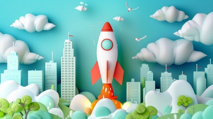 Poster - Rocket breaking through paper over modern city, modern illustration of startup concept.