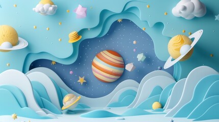 Poster - A modern illustration of the solar system in paper art style