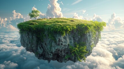Poster - Imagine a fantasy floating island with natural grass fields on the rocks, a surreal float landscape and a paradise concept