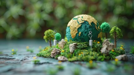 Poster - This is an Earth globe with pruces and trees, made of green grass with hand drawn cartoon sketches of wire plugs and sockets on top. A symbol of green energy and electricity.