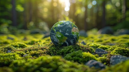 Poster - Environment - Defocused Abstract Sunlight On Maroon Globe In Forest With Moss