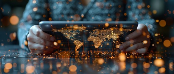 Poster - Money, finance, global business concept, dollar yuan yen euro and pound sterling symbol, virtual world map and connection lines.