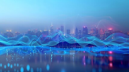 Canvas Print - Concept of smart cities and big data connections with digital blue wavy wires and antennas on a night skyline of a megapolis city skyline, double exposure