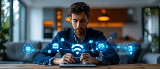 Fototapete - IoT icon with wireless symbol and tech devices network. Internet of things concept. IoT solution represented as symbol connected. Intelligent house, car, laptop, watch, smartphone, etc.