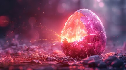 Leinwandbilder - A digital illustration of a broken egg birth concept. Rays of light shine from the crack in an egg, creating a festive banner in a neon style.