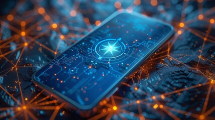 Fototapete - Low poly mobile phone with white screen and compass. Geometric background. Wireframe light connection concept. Isolated modern illustration.