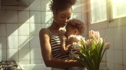 Wall Mural - A young child is giving a bouquet to a smiling woman in a sunny kitchen.