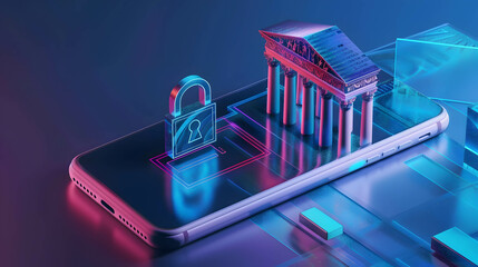 Wall Mural - Smartphone with bank and padlock icon on the screen, security on online banking and digital data in network, digital money exchange, data and information on cloud commercial