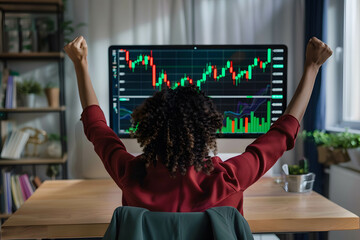 Wall Mural - A person celebrating while looking at their stock portfolio gains, profit and capital gain on investment, investing for financial freedom