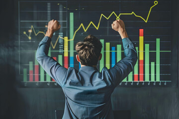 Wall Mural - A person celebrating while looking at their stock portfolio gains, profit and capital gain on investment, investing for financial freedom