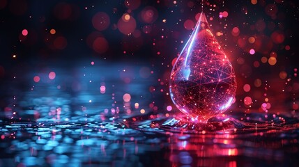 Poster - Water droplet with red virus inside in a low poly style. Abstract geometric background. Wireframe light connection structure. Contemporary 3D graphic concept. Illustration isolated from the