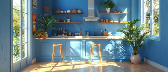 Fototapete - Interior of a blue kitchen with island. Stylish white countertops. Bright kitchen with utensils and appliances. Working space for the kitchen. 3D animation. 3D illustration.
