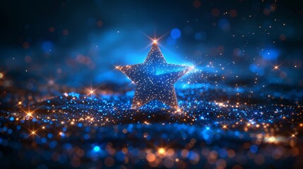 Fototapete - Blue star greeting card with abstract geometric background. Designs in low poly with wireframe light structures. Isolated modern illustration.