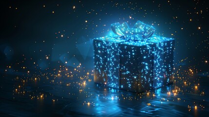 Leinwandbilder - Modern 3d graphic concept with abstract open gift box and flying numbers 2024, blue stars. Low poly style design. Geometric background. Wireframe light connection structure. Modern illustration.
