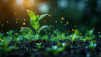 Poster - A seedling represents the growth of investment against a futuristic polygonal background. Startup financial projection modern illustration.