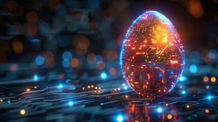 Leinwandbilder - Greeting card with abstract 3D egg with circuit board texture. Modern illustration