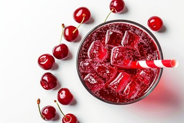 Poster - Isolated red cherry soda drink on white background. View from the top.