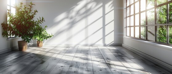 Aufkleber - The shadow of the sun casts a shadow on the white wall of an empty room, featuring a wood laminate floor. 3D rendering of a minimal interior design.