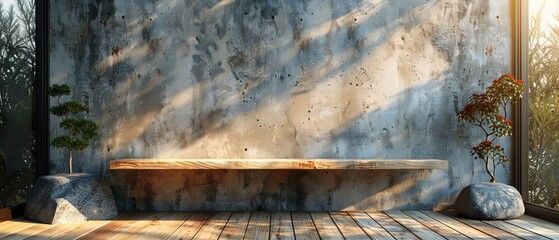 Poster - Exterior wooden balcony with large empty concrete wall rendered in 3D.