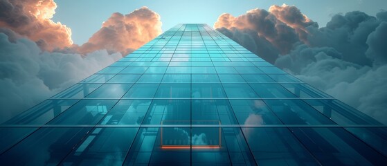 Fototapete - 3D rendering of a high rise building with a dark steel window system with clouds reflected on the glass. Business concept of future architecture, looking up at the angle of the building corner.