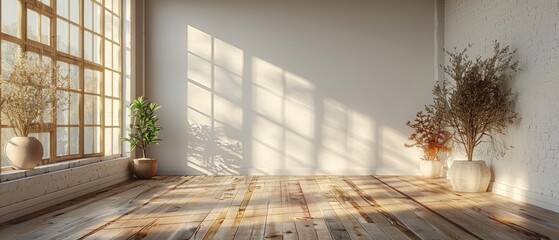 Aufkleber - Modern empty room with wooden floor and large white walls.