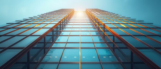Fototapete - Three dimensional rendering of a glass high rise building on a clear blue sky background. Business concept of future architecture, with the sunlight coming from the top of the building.