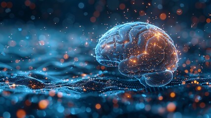Poster - A low poly wireframe style brain on a blue background. Particles are connected in a geometric silhouette. Abstract illustration in medicine