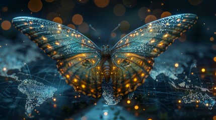 Aufkleber - In a digital futuristic style, a butterfly flies over a world map on the background of a successful startup or investment.