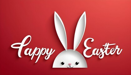 Wall Mural - Happy Easter greeting card with white paper cut Easter Bunny Ears isolated on a red background,vector illustration for banners created with generative ai