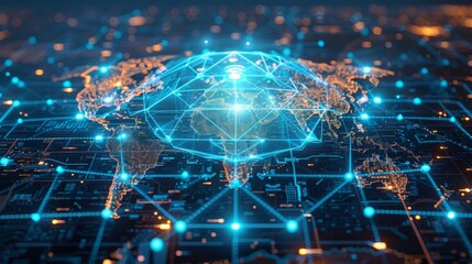 Poster - Medical shield on the backdrop of the world, digital modern illustration. Simultaneous domes with a map in geometric wireframe style.