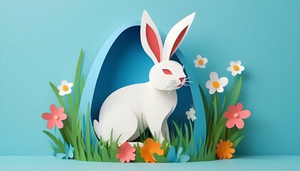 Poster - 3d abstract illustration of colorful paper art easter rabbit, grass, flowers and blue egg shape created with generative ai