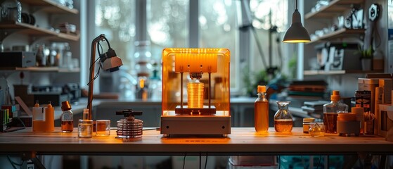 Aufkleber - A 3D printer with an orange glass covering printed a plastic model on the desktop of an engineer. Bottles with polymer resin near the 3D printer.