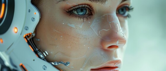 Aufkleber - Chatbot on laptop. Computer cybersecurity technology. Face of chat bot looks out of screen laptop. Robot head with artificial intelligence. AI protects pc from virus and hacker attacks.