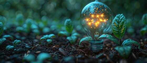 Leinwandbilder - Green plant inside a blue glowing light bulb with a low poly design. Abstract geometric background. Wireframe connection structure. Modern 3D graphics concept.  illustration.