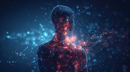 Fototapete - A low poly wireframe illustration of an abstract isolated human body on a blue background. Polygonal top of body of adult man with polygons, particles, lines and connected dots. Medicine and healthy