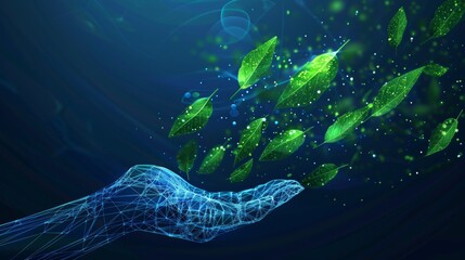 Aufkleber -  illustration of abstract giving hand and falling green leaves. Low poly design with blue geometric background and wireframe light connection structure. Modern 3D graphic ecology concept.