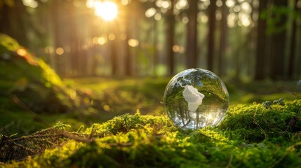 Poster - A crystal globe rests on moss in a forest - environment concept